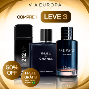 Kit - 3 Perfumes Masculinos Importados (100ml cada) - Sauvage Dior | Bleu de Chanel | 212 VIP Black [PROMOÇÃO MÊS DA INDEPENDÊNCIA]